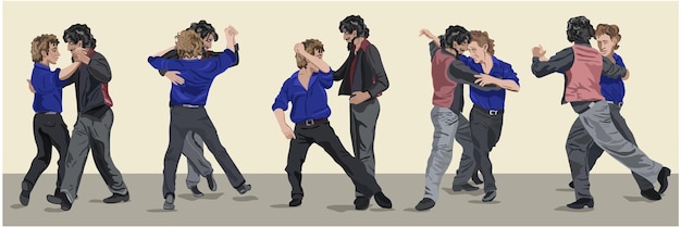 Conjunto vectorial de movimientos de tango masculino. Cinco posturas. Hombre con camisa azul brillante baila tango con brunet