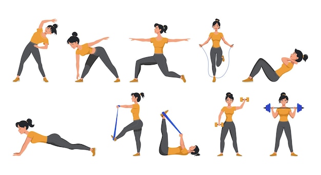 Conjunto vectorial de una mujer deportiva realizando varios ejercicios de fitness