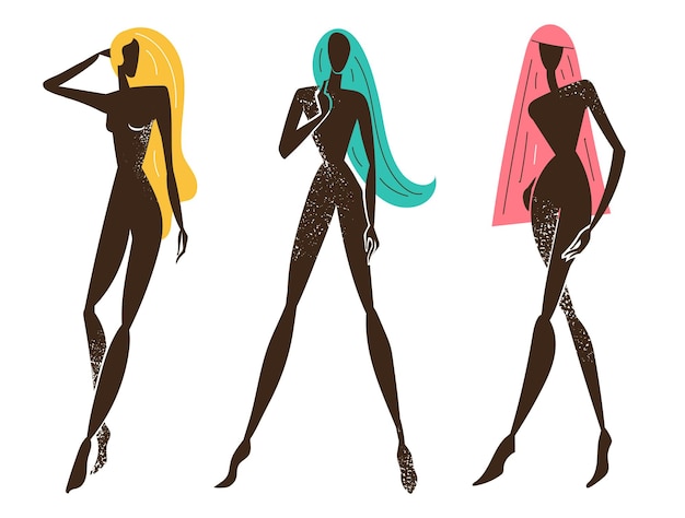 Vector conjunto vectorial de mujeres estilizadas de pie con cabello largo siluetas con textura negra ilustración de arte conceptual femenino úselo como póster impreso para el elemento de diseño de camisetas para productos de belleza