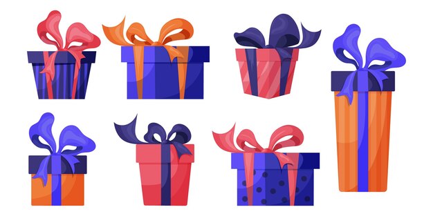Conjunto vectorial multicolor de diferentes cajas de regalo con cintas y arcos
