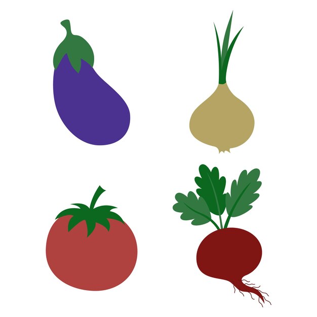 Conjunto vectorial multicolor de verduras de remolacha, tomate, cebolla y berenjena