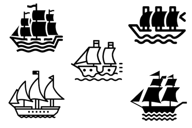 Conjunto vectorial de naves de vela Iconos de silueta en fondo blanco