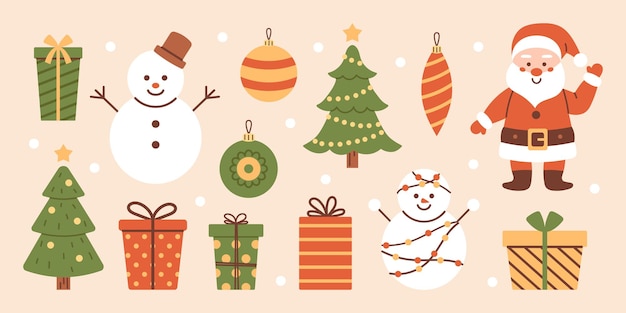 Conjunto vectorial de Navidad con cajas de regalos de Papá Noel, muñecos de nieve, árbol de Navidad y adornos, colección de Año Nuevo y Navidad, vacaciones de invierno, ilustración divertida y linda