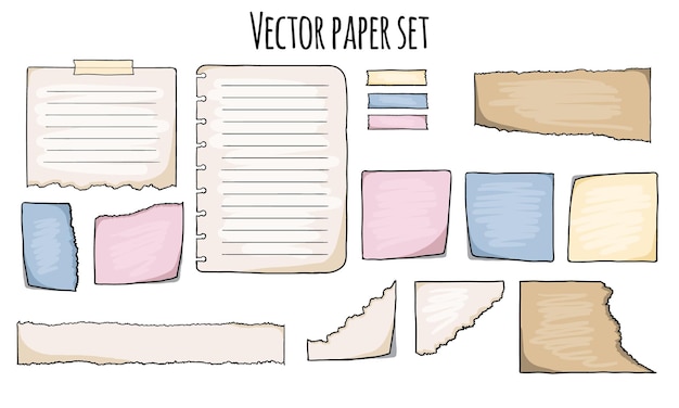 Conjunto vectorial de notas de papel, pegatinas y hojas pegajosas Todo lista de hojas de papel rasgadas Un informe