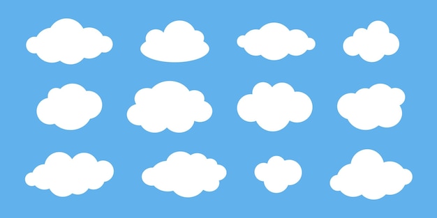 Conjunto vectorial de nubes blancas sobre fondo azul Colección de nubes de dibujos animados en diseño plano