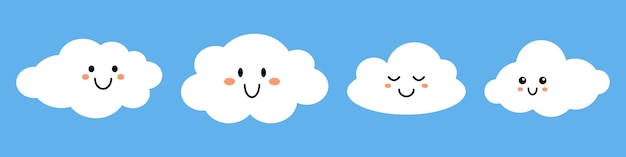 Vector conjunto vectorial de nubes blancas sonrientes con caras en fondo azul colección de nubes de bebé divertidas en diseño plano elementos infantiles