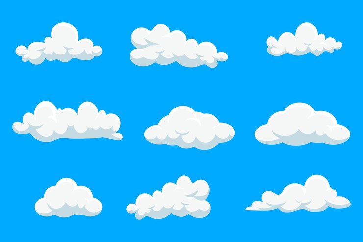Conjunto vectorial de nubes de dibujos animados aisladas en fondo azul Colección de iconos de nubes en estilo plano