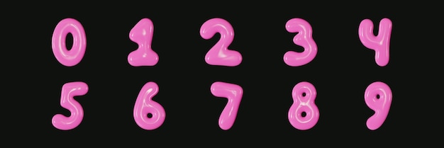 Conjunto vectorial de números de burbujas 3D brillantes estilo Y2K Números de plástico rosado brillantes realistas
