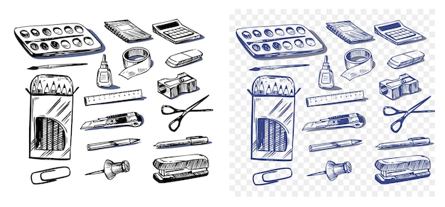 Conjunto vectorial de objetos artículos de oficina suministros escolares boceto dibujado a mano monocromático