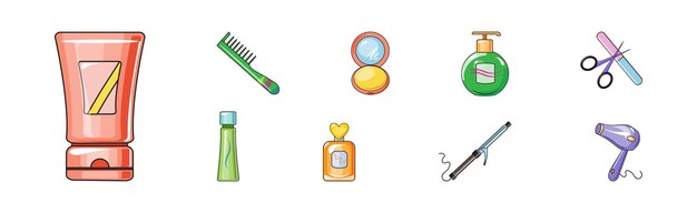 Conjunto vectorial de objetos de aseo femenino y accesorios de belleza