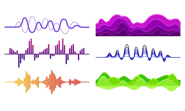 Vector conjunto vectorial de ondas de frecuencia de sonido ecualizador de audio sonido en varias formas y colores bandas sonoras concepto de reproducción