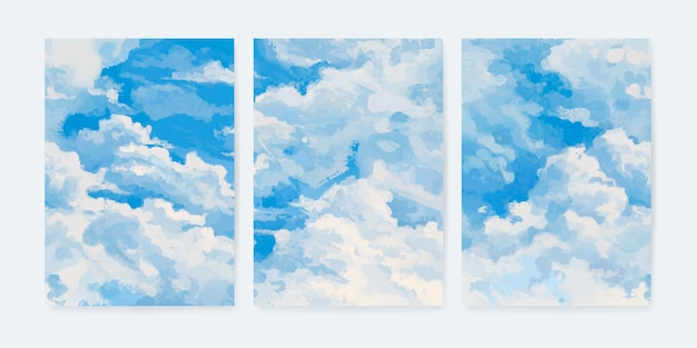 Vector conjunto vectorial de paisaje natural con cielo azul y nubes blancas