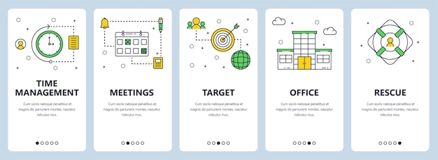 Conjunto vectorial de pancartas verticales con gestión del tiempo Reuniones Oficina objetivo plantillas de sitios web de rescate Diseño moderno de estilo plano de línea delgada