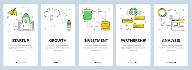 Conjunto vectorial de pancartas verticales con plantillas de sitios web de análisis de asociación de inversión de crecimiento de Startup Diseño moderno de estilo plano de línea delgada