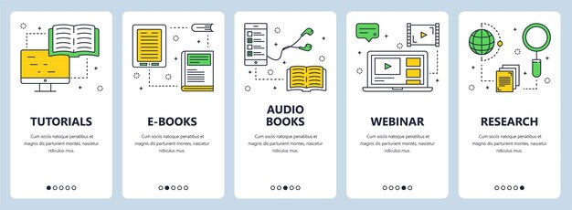 Conjunto vectorial de pancartas verticales con tutoriales libros electrónicos libros de audio webinar plantillas de sitios web de investigación diseño de estilo plano de línea delgada moderno