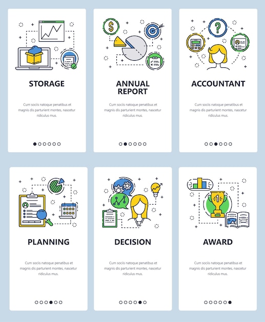 Conjunto vectorial de pantallas de incorporación de aplicaciones móviles Almacenamiento Informe anual Contador Planificación Decisión de premiación plantillas web y banners Iconos planos de arte de líneas delgadas para el menú del sitio web