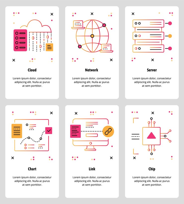 Vector conjunto vectorial de pantallas de incorporación de aplicaciones móviles cloud network server chart link chip plantillas web y banners iconos de diseño de estilo de arte de línea delgada para el menú del sitio web