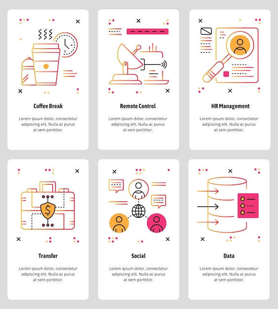 Conjunto vectorial de pantallas de incorporación de aplicaciones móviles Coffee Break Control remoto Gestión de recursos humanos Transferencia de datos sociales plantillas web y banners Iconos de diseño de estilo de arte de línea delgada para el menú del sitio web