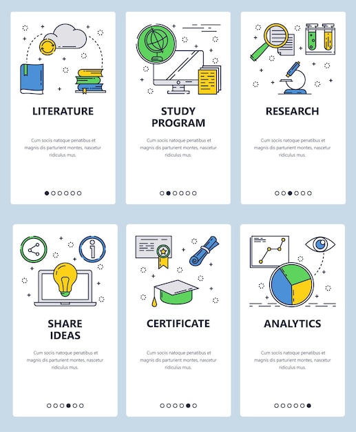 Conjunto vectorial de pantallas de incorporación de aplicaciones móviles Literatura Programa de estudio Investigación Compartir ideas Certificado Análisis plantillas web y banners Arte de líneas delgadas iconos planos para el menú del sitio web