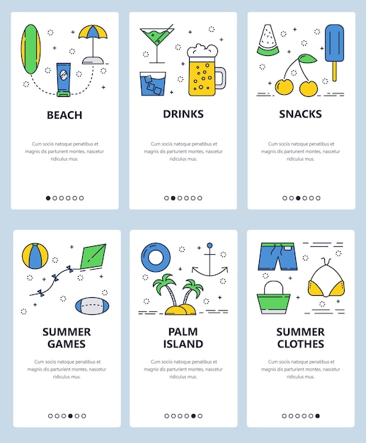 Vector conjunto vectorial de pantallas de incorporación de aplicaciones móviles playa bebidas bocadillos juegos de verano isla de palma ropa de verano plantillas web y pancartas iconos planos de arte de líneas delgadas para el menú del sitio web