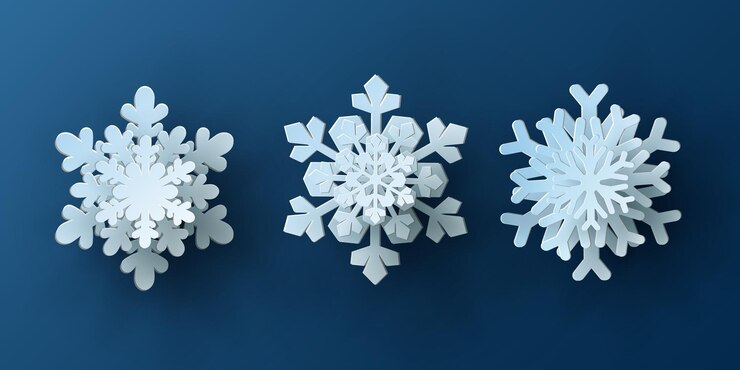 Vector conjunto vectorial de papel de navidad blanco cortado copo de nieve 3d con sombra en fondo de color azul
