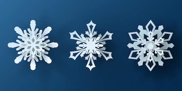 Conjunto vectorial de papel de navidad blanco cortado copo de nieve 3D con sombra en fondo de color azul