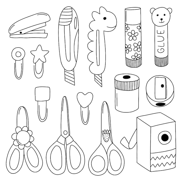 Conjunto vectorial de papelería de Doodle Conjunto vectorio de suministros escolares dibujados a mano