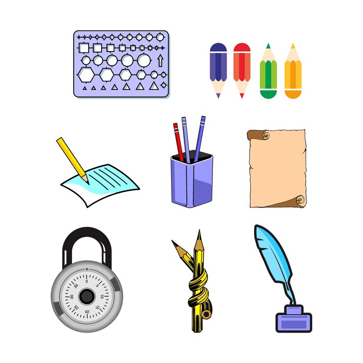 Vector conjunto vectorial de papelería escolar y cronómetro moderno