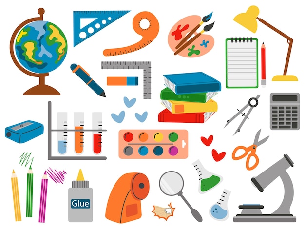 Conjunto vectorial de papelería para la oficina de la escuela Elementos coloridos para la pintura de geometría química