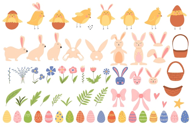 Conjunto vectorial de Pascua. Conjunto con pollos de Pascua, conejos, huevos. Fije para Pascua. Linda ilustración para crear carteles, postales, patrones para Pascua. ilustración vectorial