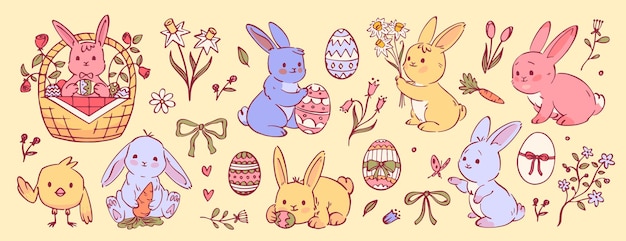 Conjunto vectorial de Pascua objetos y elementos lindos conejos huevos flores cintas pollo feliz Pascua