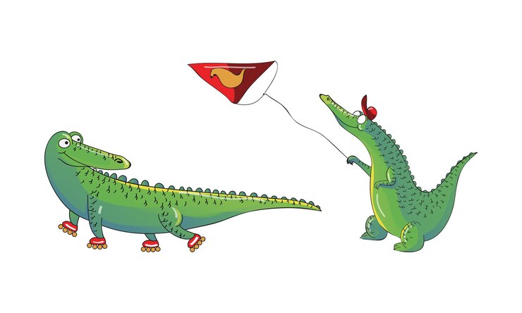 Vector conjunto vectorial de patinaje en rodillo de cocodrilo de dibujos animados y cometa de juguete volador