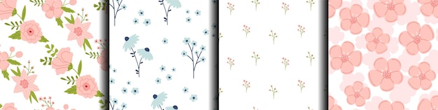 Conjunto vectorial de patrones sin fisuras florales con flores y hojas Colección de fondos en colores rojo rosa y azul Patrones botánicos de primavera en diseño plano