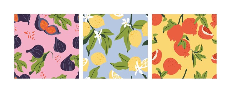 Conjunto vectorial de patrones sin fisuras con frutas de higo limón y granada Diseño abstracto para tela de cubierta de papel