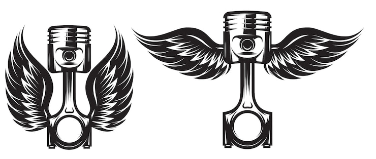 Vector conjunto vectorial de patrones monocromáticos sobre un tema de motocicleta con pistón y alas