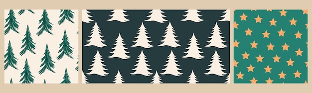 Conjunto vectorial de patrones navideños sin costuras abetos y estrellas