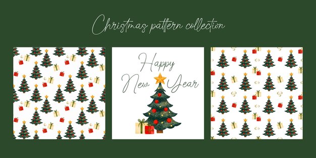 Conjunto vectorial de patrones navideños Diseño minimalista de moda con decoraciones de árboles de Navidad