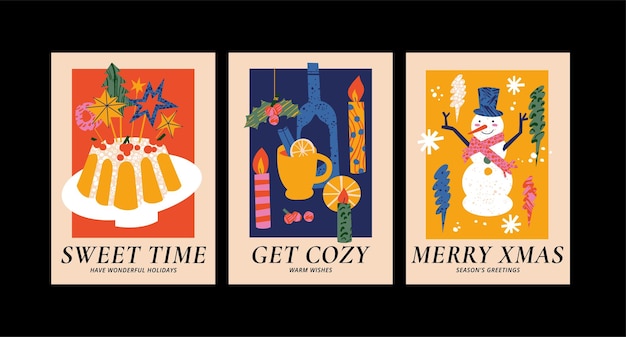 Conjunto vectorial de patrones navideños sin fisuras con diferente decoración tradicional en un estilo moderno y contemporáneo
