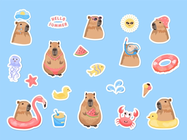 Conjunto vectorial de pegatinas de capibara en un tema de verano Capibara anillo de natación de mar estrella de mar animal lindo flamenco rosado pato medusa