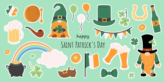 Conjunto vectorial de pegatinas para el día de San Patricio, fiesta irlandesa, día de San Patrico, duendes irlandeses