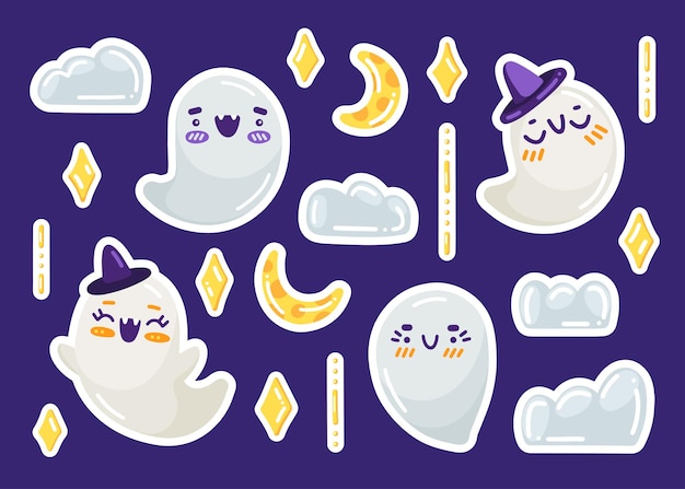 Conjunto vectorial de pegatinas e iconos de vacaciones de halloween. fantasmas de dibujos animados kawaii para impresión, decoración, textiles