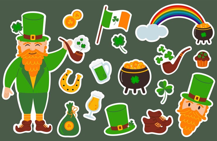Vector conjunto vectorial de pegatinas con elementos para el día de san patricio arco iris duende con una olla de oro