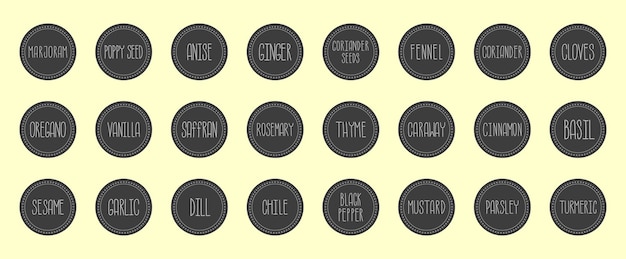 Conjunto vectorial de pegatinas de hierbas y especias con etiquetas de texto escritas a mano para envasar envases de alimentos