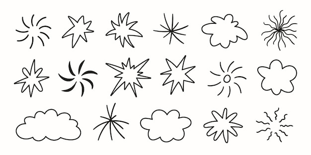 Conjunto vectorial de pegatinas lineales, garabates y garabates aislados sobre un fondo blanco