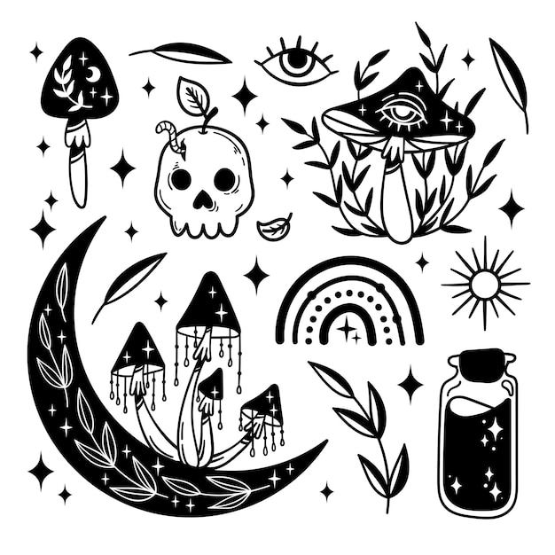 Conjunto vectorial de pegatinas mágicas místicas setas pociones de luna creciente estrellas cráneo manzana arco iris hojas elementos aislados en blanco y negro en estilo boho