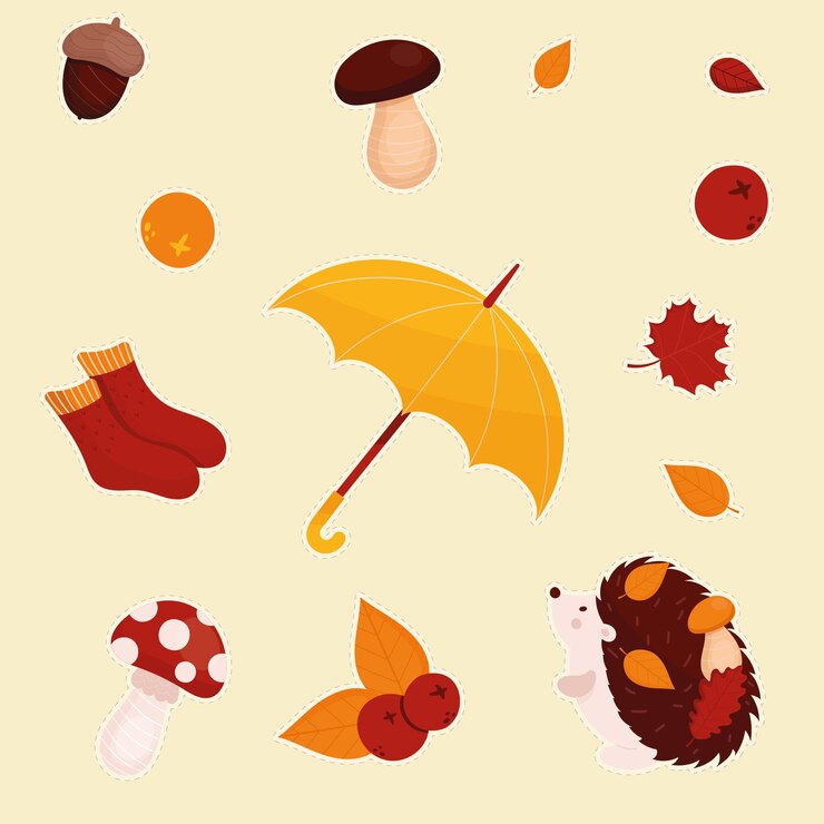 Conjunto vectorial de pegatinas de otoño sombrilla comida acogedora calcetines hojas que caen libro de recortes de erizo
