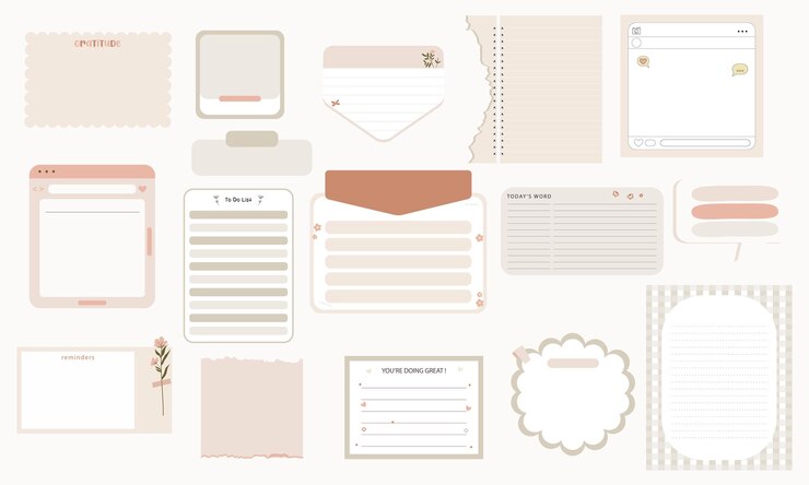 Conjunto vectorial de pegatinas de planificador estético, notas adhesivas, bloc de notas y bloc de notas