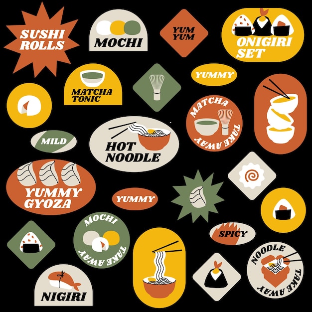 Conjunto vectorial de pegatinas retro de comida rápida para cafeterías asiáticas Insignias de parche coloridas con comida japonesa