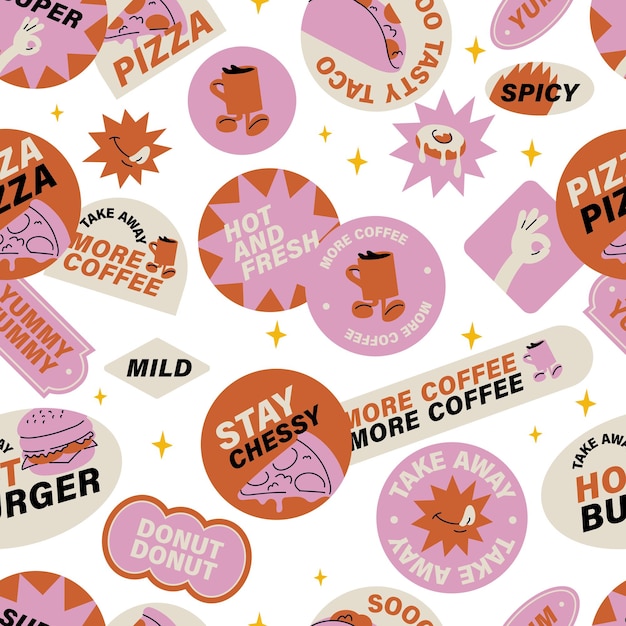 Conjunto vectorial de pegatinas retro de comida rápida Insignias de parche coloridas para café de comida chatarra Patrones sin fisuras