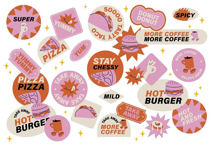 Conjunto vectorial de pegatinas retro de comida rápida Insignias de parche coloridas para café de comida chatarra